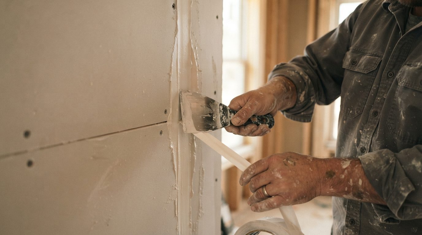 Paper tape being bedded into joint compound along a drywall seam